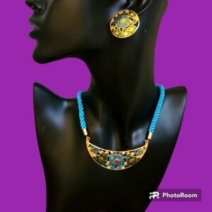 Vtg taiwanese enamel floral cloissine collar necklace stud earrings set